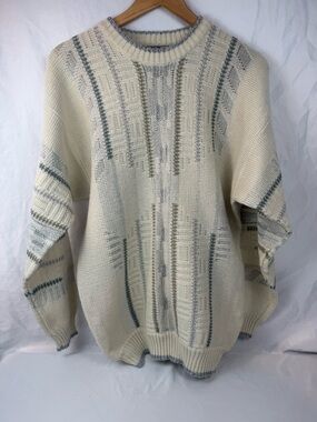 Vintage STATS Sweater Mens Medium Cream Pattern Knit 90s Textured Pullover